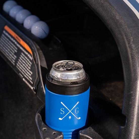 Personalized beer coozie in a golf cart