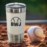 Baseball travel tumbler laser engraved with initials