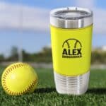 Custom softball material tumbler personalized for bridesmaid, softball coaches and team gifts