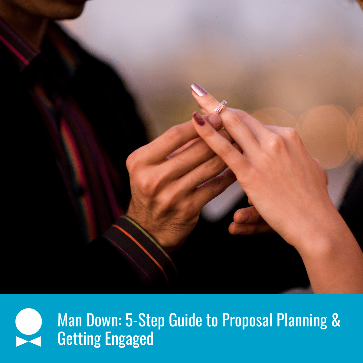 Close up shot of a man putting a ring on a woman's finger. A blue textbox reads How To Propose: Tips for Popping the Big Question