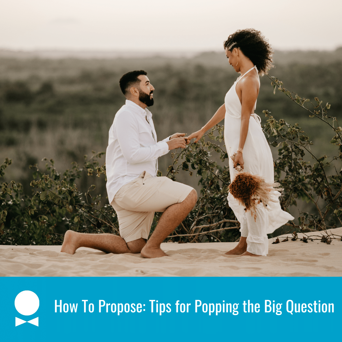 A man proposes to a woman on the beach. A blue textbox reads How To Propose: Tips for Popping the Big Question