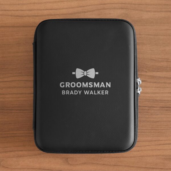 Black tech organizer shown with our custom groomsmen bow tie personalization design