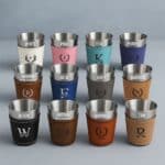 The groomsmen leather shot glass is available in white, pink, teal, purple, brown, blue, grey, tan, black rawhide and bamboo colors.