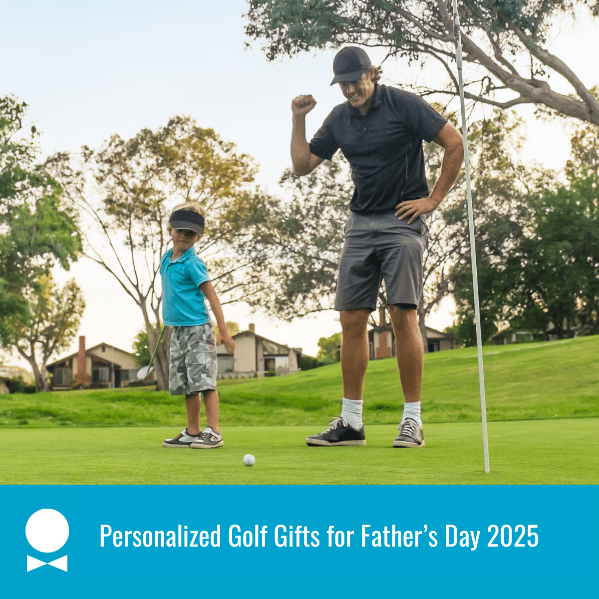 A photo features a father and son playing golf. A textbox reads "Personalized Golf Gifts for Father's Day 2025"
