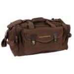 Brown men's long weekender duffle bag shown with yellow custom embroidery