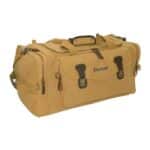 Features of the long weekend duffel include 2 large side zippered pockets and front zippered pouch with push-button buckles