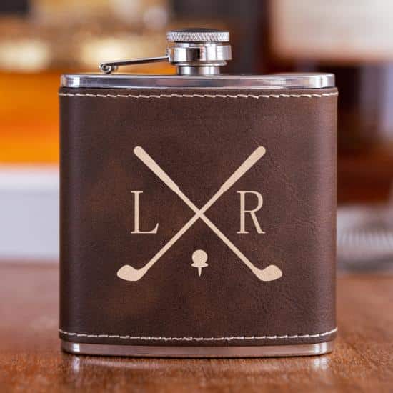 Personalized Brown (Gold Engraving) Pocket Passer Flask with Crossed Clubs Golf Design