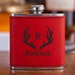 Personalized Red Pocket Passer Flask with Antler Design