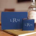 Personalized Blue Leather Flask Set with Traditional Monogram