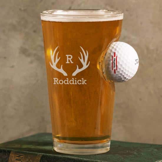Embedded Golf Ball Pint Glass with Personalized Antler Design