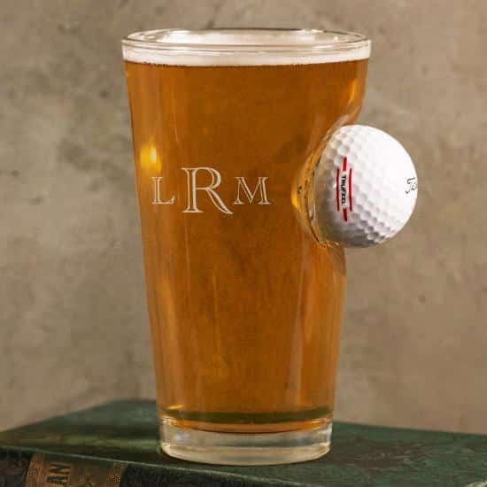Embedded Golf Ball Pint Glass with Traditional Monogram