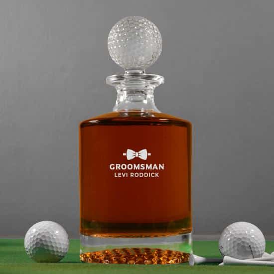 Premium golf decanter engraved with custom groomsman bow tie design