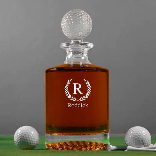 Premium golf decanter engraved with custom laurel wreath design