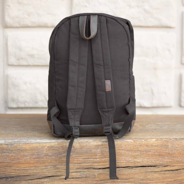 Back side of black backpack
