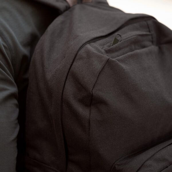 Close-up of zippers on black backpack