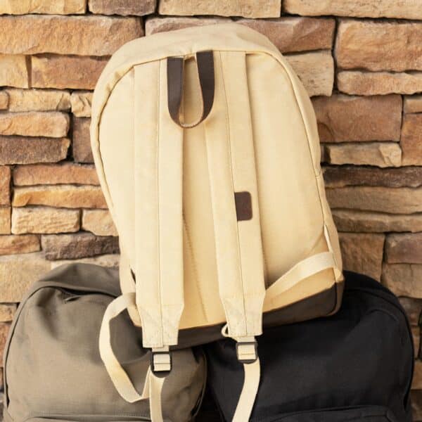 Reverse side of khaki men's backpack