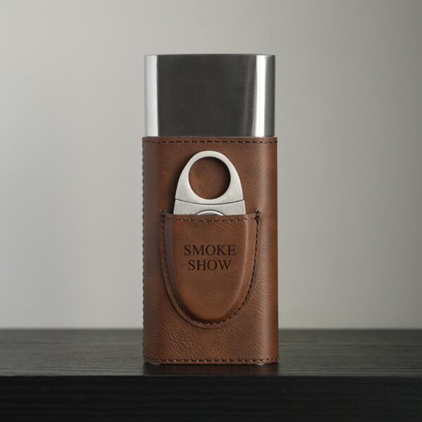 Custom brown engraved leather cigar case with built-in cutter for groomsmen gift