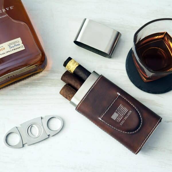 Personalized cigar travel case with brown leatherette finish
