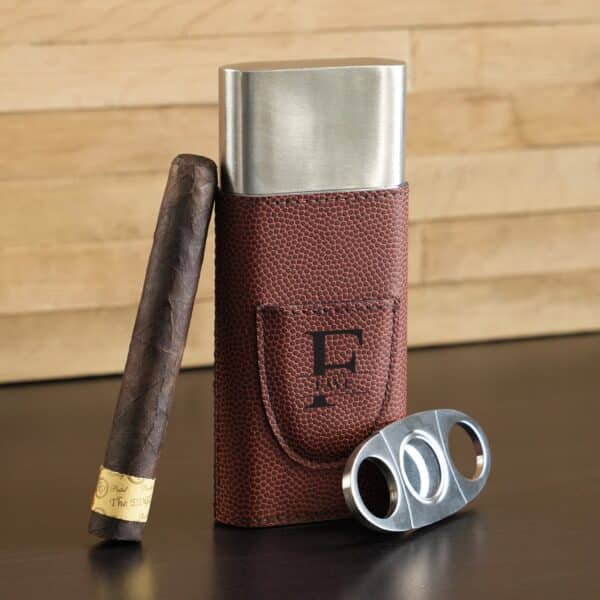 Compact football style leatherette cigar case personalized with initials