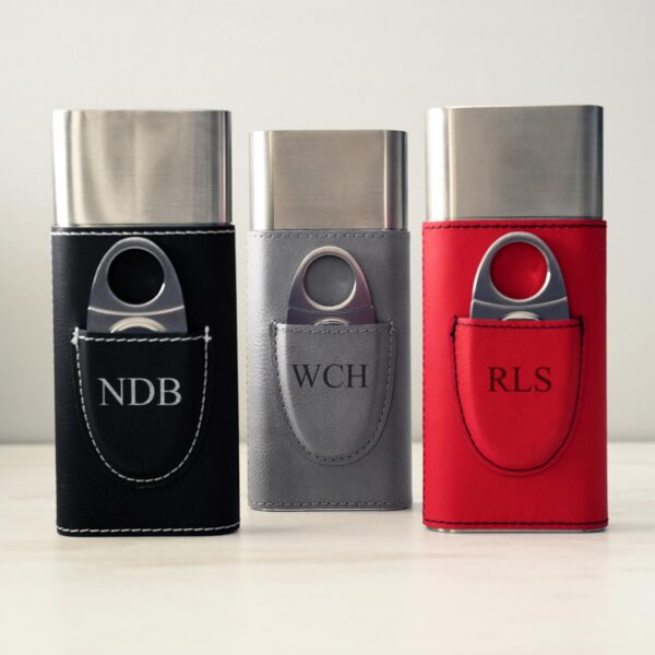 Custom monogrammed cigar cases in black, grey and red