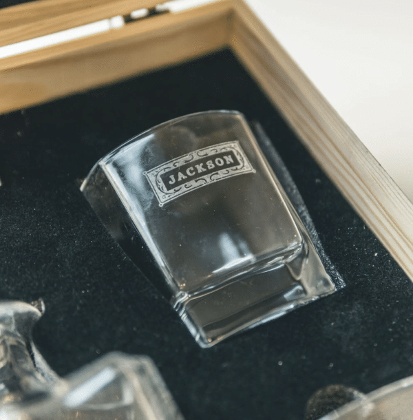 Close-up of the rocks glass that comes in the decanter set