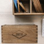 Customized desk organizer shown next to a bookshelf and keyboard