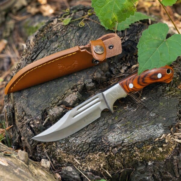 Elk Ridge Fixed Blade Knife shown with leather sheath