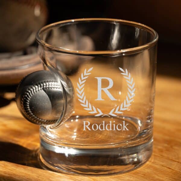 Benshot embedded baseball rocks glass with laurel wreth design
