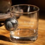 Benshot embedded baseball rocks glass with 2 lines of custom engraved text