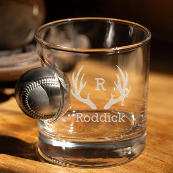 Benshot embedded baseball rocks glass with antler monogram design
