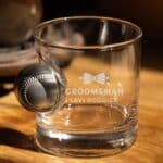 Benshot embedded baseball rocks glass with groomsman bowtie design