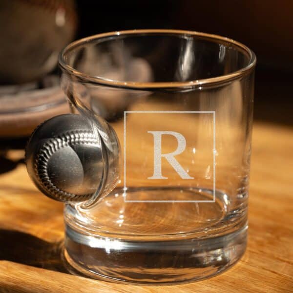 Benshot embedded baseball rocks glass with square monogram design