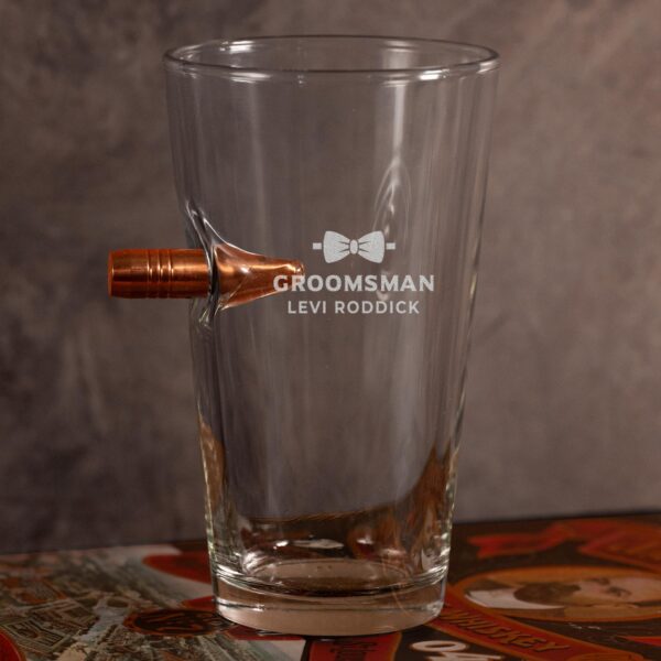 Bullet pint glass with groomsman bow tie design