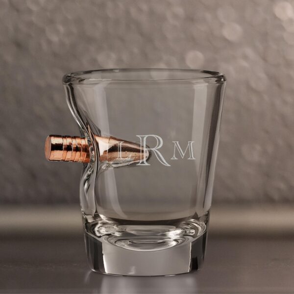 Bullet shot glass with traditional monogram