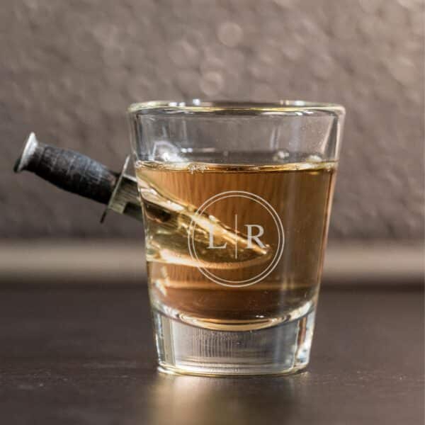 Combat knife shot glass with circle monogram design