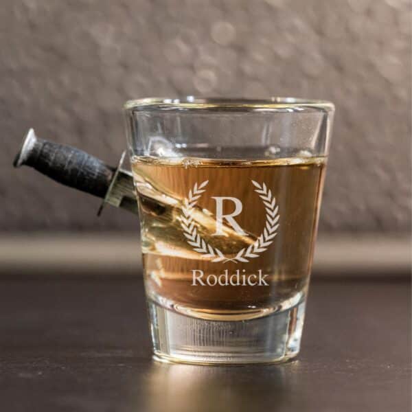 Combat knife shot glass with laurel wreath design