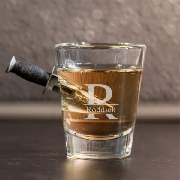 Combat knife shot glass with split monogra