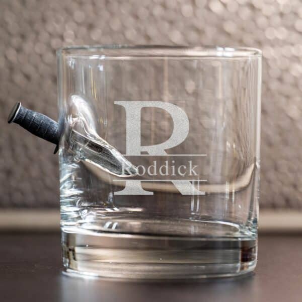 Embedded knife rocks glass with 1 split monogram