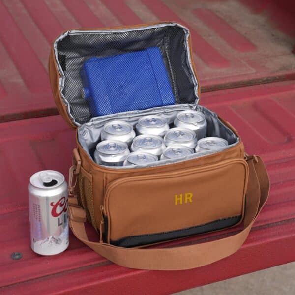 The cooler has enough room for 12-cans and an ice pack