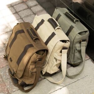 The custom laptop bag is available in brown, khaki and olive drab green.