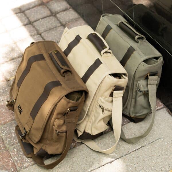 The custom laptop bag is available in brown, khaki and olive drab green.