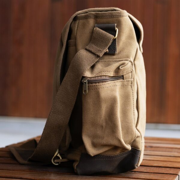 Side-view of brown laptop bag