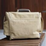Back side of khaki messenger bag