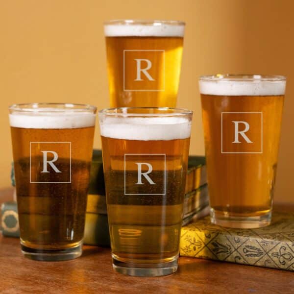 Groomsmen pint glass set with square monogram design