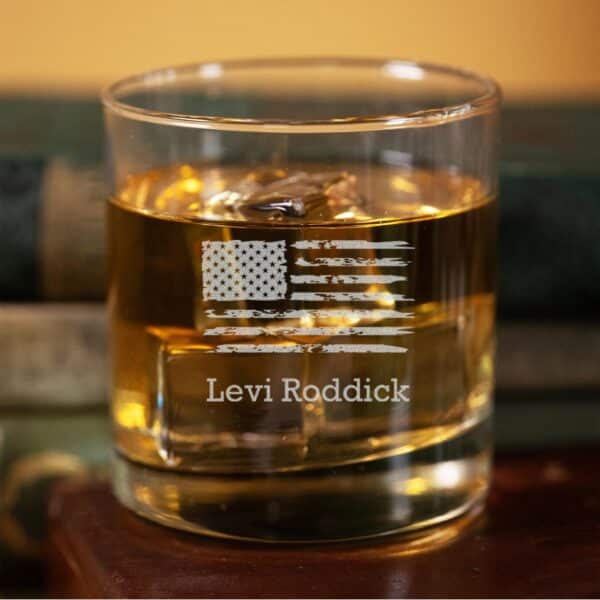 Personalized Groomsman Rocks Glass with American Flag Design