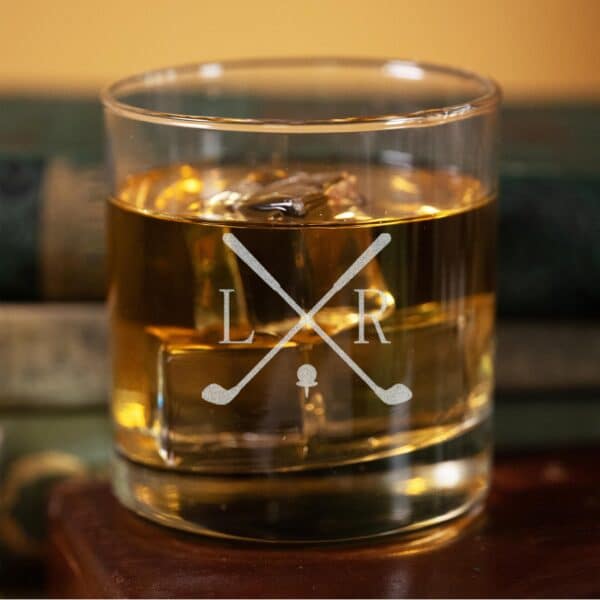 Personalized Groomsman Rocks Glass with Golf Crossed Clubs Design