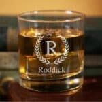 Personalized Groomsman Rocks Glass with Laurel Wreath Design
