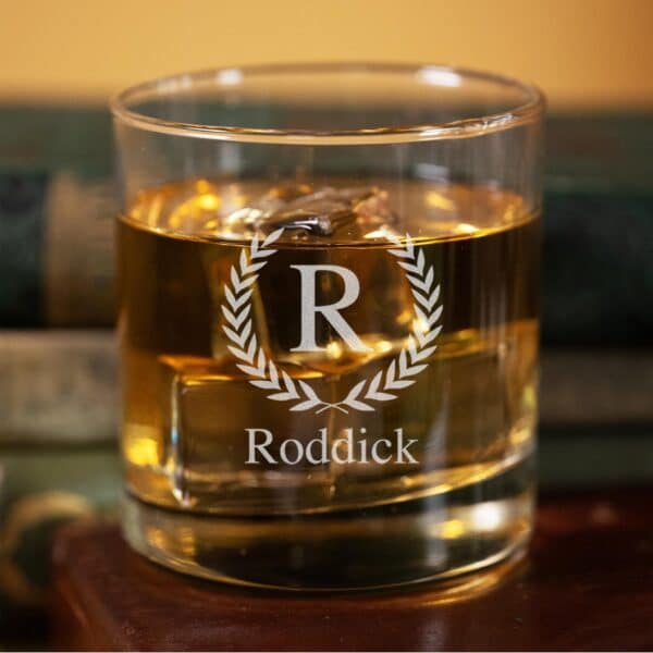 Personalized Groomsman Rocks Glass with Laurel Wreath Design