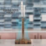 The double sided magnet allows you to attach your knives on either side of the stand