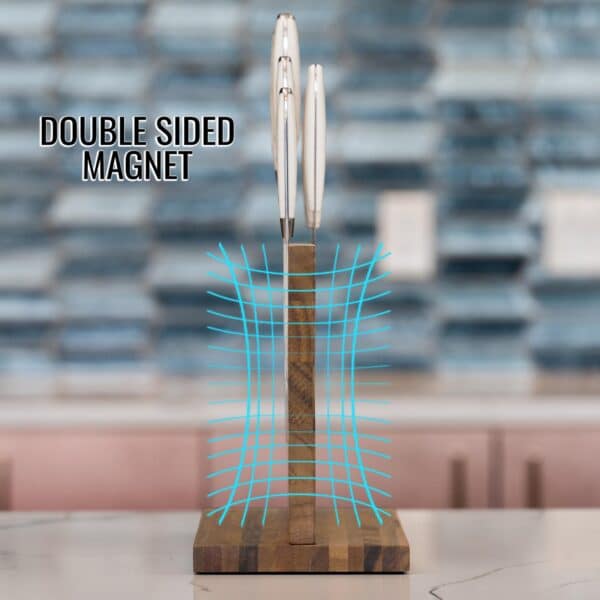 The double sided magnet allows you to attach your knives on either side of the stand